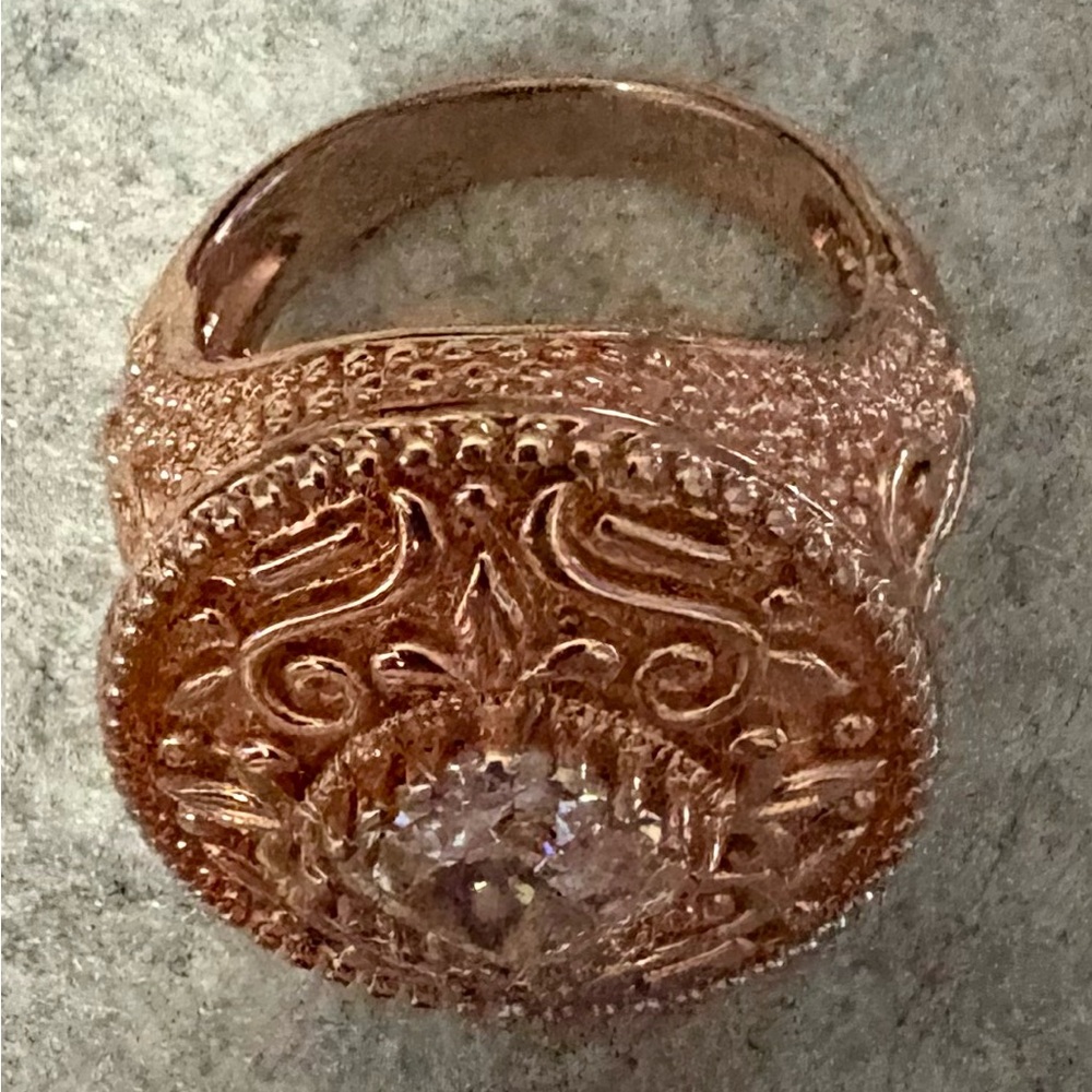 Vintage Style PAJ Rose Gold Plated Ring w/Cubic Zirconia -Ornate Design size 9 - Picture 2 of 7